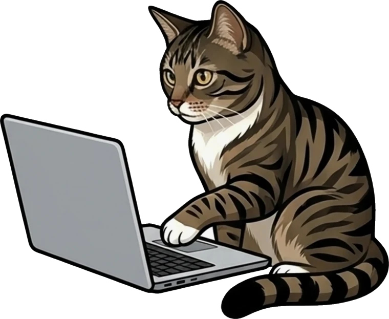 Stinker, unser Maskottchen, sitzt am Laptop mit Netzarea-Logo